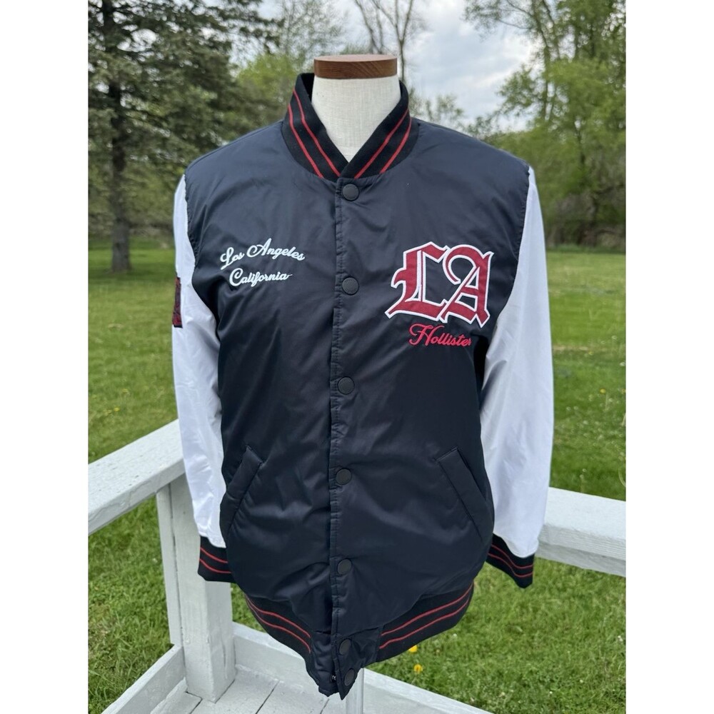 Hollister Varsity Jacket Small Black White Bomber LA Sherpa Lined Rose Patch
